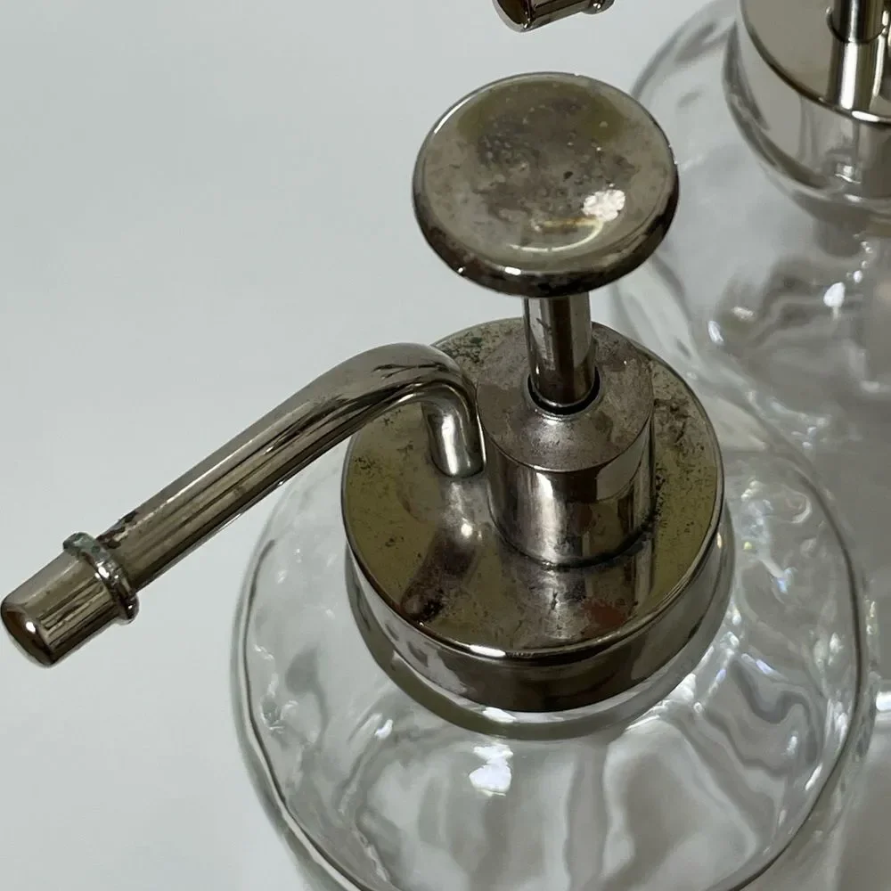 Two Elegant Clear Glass Oilcan Soap & Lotion Dispenser Set w/Chrome Accents